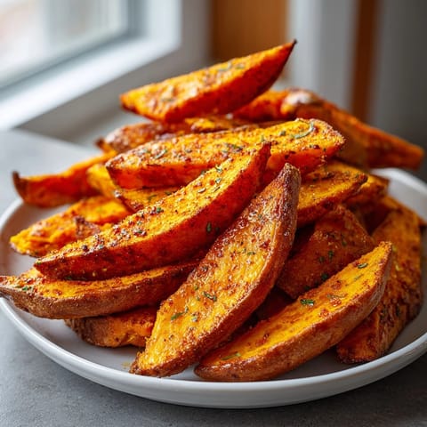Crispy baked sweet potato wedges fresh out of the oven, perfect for dunking in your favorite dip.