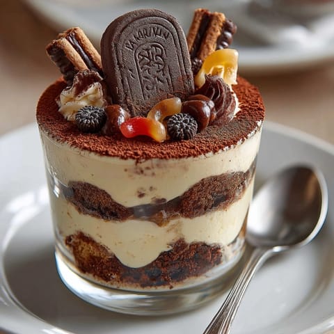 Creamy Graveyard Tiramisu Cups topped with chocolate tombstones and cocoa for a delightful chill.