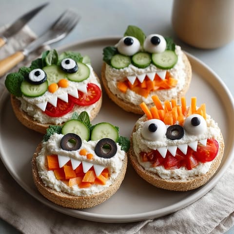 Whimsical Monster Face Bagels snack: cream cheese slathered, veggie features create silly faces.