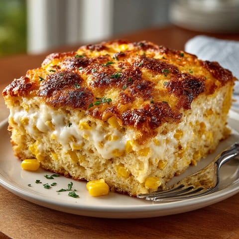 Creamy Jiffy Cornbread Pudding Casserole, a moist, savory-sweet treat, ready to be served as a side.