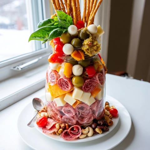 Colorful layers of Monster “Chaos” Charcuterie Jar packed with flavor, perfect for gatherings.  