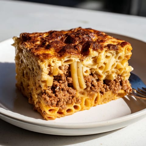Golden-brown Greek Pastitsio baked until bubbling, perfect for family gatherings.  