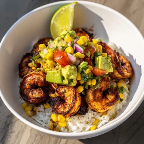 A colorful Blackened Shrimp Bowl showcases spicy shrimp alongside creamy avocado corn salsa, ready to enjoy.