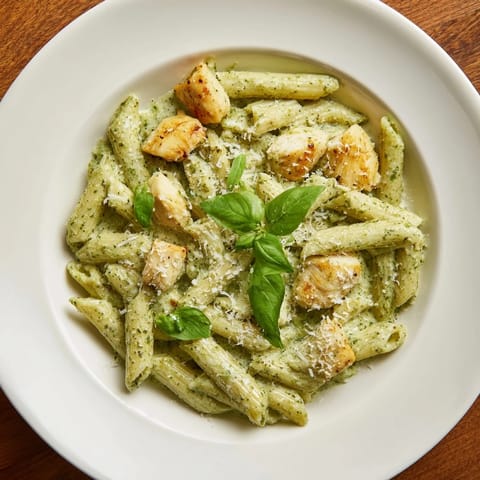Golden chicken pieces and penne pasta coated in creamy pesto create this delicious Creamy Pesto Penne.