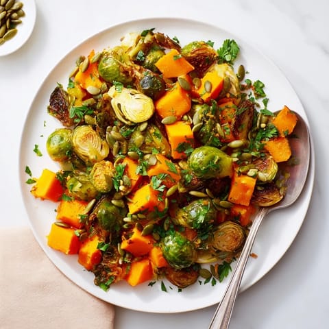 Warm, colorful photo: Crispy, caramelized Roasted Brussels Sprouts & Butternut Squash, coated in citrus dressing.