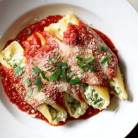 A close-up of cheesy, baked Cozy Broccoli Stuffed Manicotti, ready to serve with fresh basil garnish.