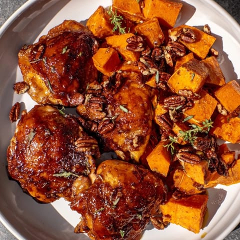 Tender, savory maple glazed chicken thighs alongside caramelized sweet potatoes, a complete and flavorful meal.