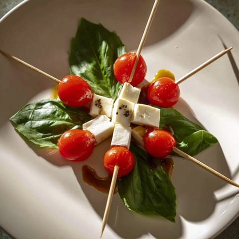 Fresh Caprese skewers arranged on a platter, featuring star-shaped mozzarella and vibrant basil.