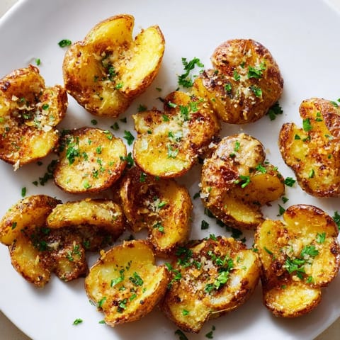 Sizzling, golden-brown garlic Parmesan potatoes, a crispy side dish, perfect for sharing.
