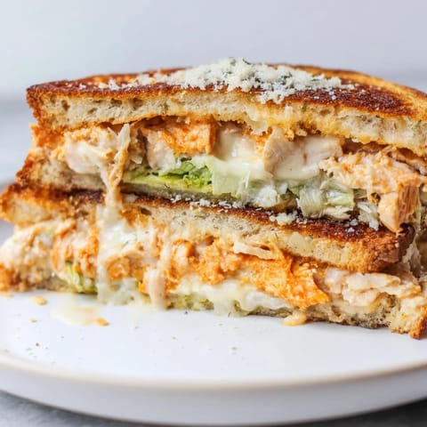 Juicy buffalo chicken and creamy Caesar dressing melt between grilled sourdough slices, served with a side of extra buffalo sauce for dipping.