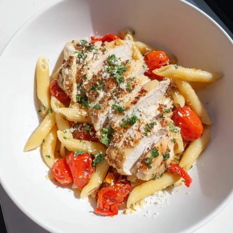 A plated bowl of Garlic Herb Chicken & Veg Pasta showcases juicy sliced chicken, vibrant vegetables, and glistening olive oil over penne.