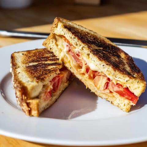 Golden-brown Pepper Jack & Tomato Grilled Cheese halves, revealing gooey pepper jack and ripe tomato layers.
