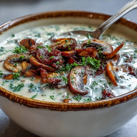 Earthy vegetarian Mushroom Soup, rich and comforting, perfect for a cozy meal.