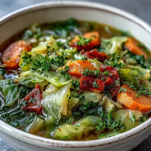 Enjoy this vibrant {{Cabbage Soup}} loaded with tender vegetables, ready to serve.