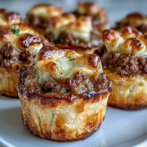 Golden-brown Mini Beef Tourtières with flaky cream cheese pastry and savory spiced beef filling, served on a rustic wooden board.