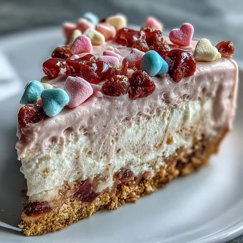 Chilled Candy Hearts Fake Cake on a white plate with rainbow sprinkles and a fresh strawberry garnish.