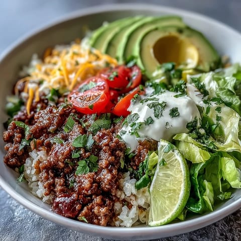 Fresh lime wedges and a dollop of sour cream garnish this Low Carb Burrito Bowl.