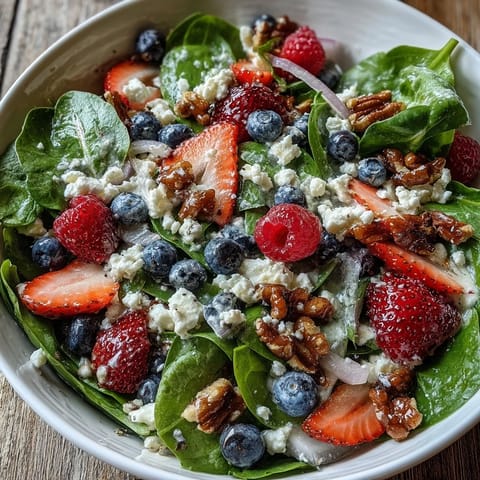 Spinach and berry salad bowl with tangy balsamic vinaigrette, served as a light vegetarian lunch.  