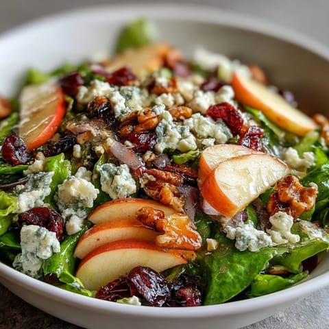 Vibrant Mixed Greens and Apple Bowl topped with crunchy walnuts and crumbled cheese, ready to serve at a sunny lunch.