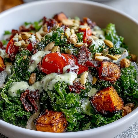 Freshly roasted vegetables and massaged kale in a vibrant Kale Salad Bowl topped with crunchy nuts and creamy tahini dressing.