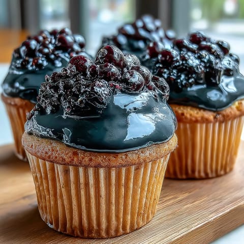 Twelve Olive Oil Cupcakes with Black Currant Frosting arranged on a platter, garnished with lemon zest for an elegant dessert presentation.