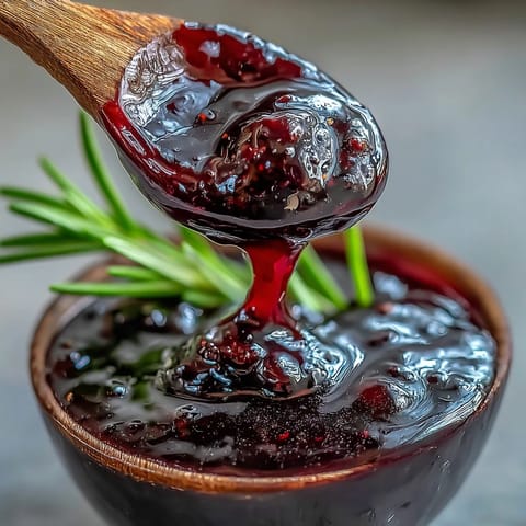 A glossy, deep purple Black Currant and Rosemary Reduction drizzled over seared lamb chops on a white plate.
