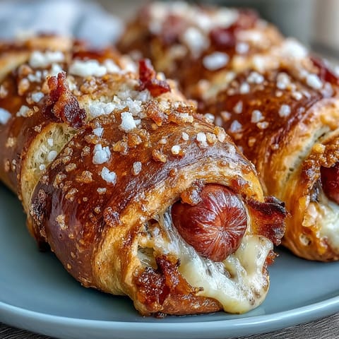 A close-up of Soft Baked Cheesy Pretzel Dogs, showcasing melted cheddar and chewy pretzel dough.