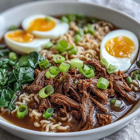 A comforting bowl of Slow Cooker Beef Ramen Noodles topped with a halved soft-boiled egg and Sriracha.