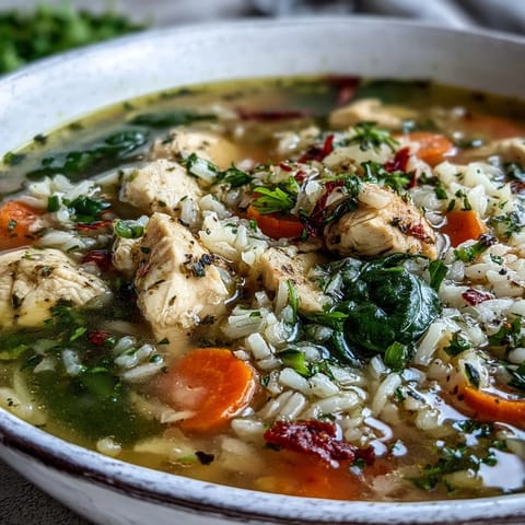 Steaming One-Pot Lemon Chicken Rice Soup with Veggies in a rustic pot, showing tender chicken and bright spinach. 