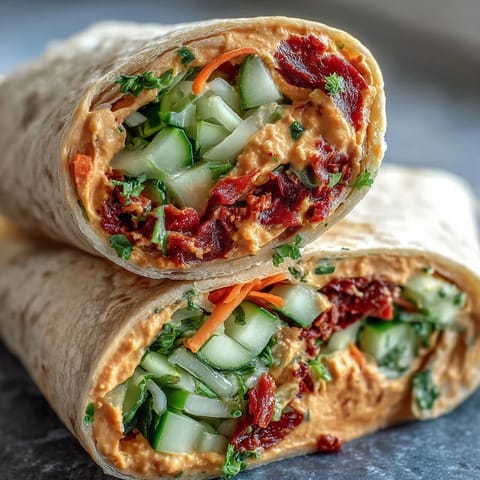 Vegan Sun-Dried Tomato Hummus Veggie Wraps filled with crisp spinach, carrots, and cucumber, sliced to show vibrant layers.
