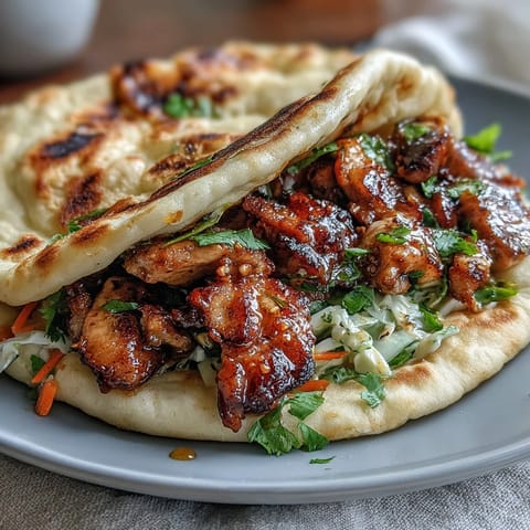 Fusion tacos featuring honey-garlic chicken thighs, tangy red cabbage slaw, and soft naan for a vibrant meal.  