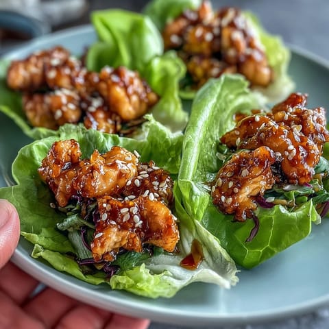 Crispy, savory chicken potsticker filling served in fresh butter lettuce leaves with colorful veggies and sesame seeds.  