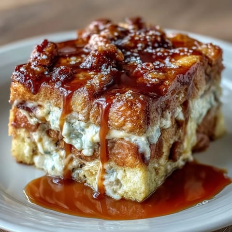 Indulgent overnight casserole featuring soft bread cubes, sweetened cream cheese filling, and warm caramel sauce, baked until beautifully golden and set.