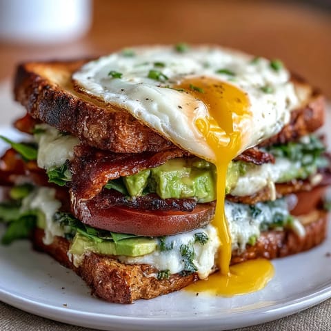 A hearty sourdough avocado BLT breakfast stack topped with a perfectly runny egg and crispy bacon, served with fresh greens and tomatoes.