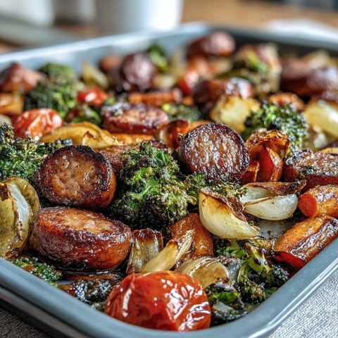 Vibrant one-pan sausage and veggie bake featuring tender roasted peppers, zucchini, and broccoli.  