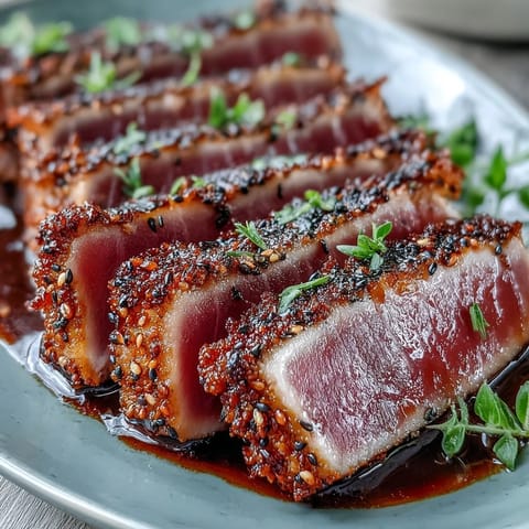 A seared tuna steak crusted in black sesame seeds, sliced and plated with a drizzle of wasabi mayo for a bold, umami-rich flavor.
