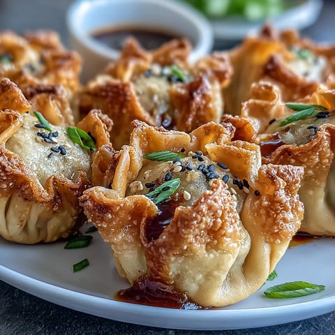 Golden air fried pork dumplings served with a side of spicy chili oil for dipping, perfect as an appetizer or snack.