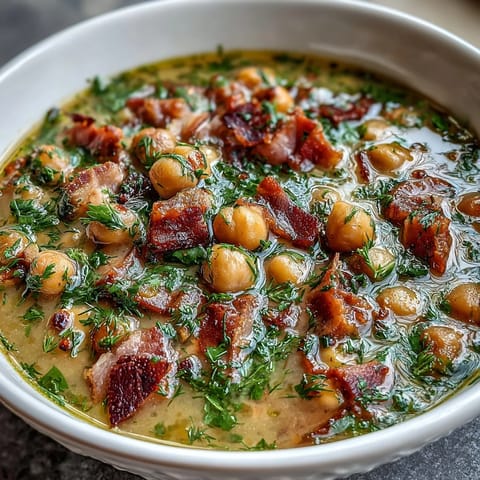 Creamy chickpeas, tender ham, and zesty lemon combine in a fragrant Mediterranean-inspired soup, topped with vibrant dill.  