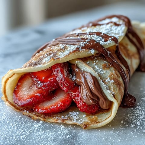 Delicate French crêpes rolled with creamy chocolate-hazelnut spread and vibrant strawberries, dusted with powdered sugar.  