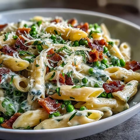 One-pot creamy pasta with sweet leeks, savory ham, and vibrant peas, perfect for a quick weeknight dinner.  