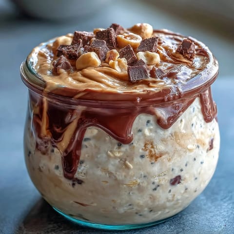 Decadent peanut butter cup overnight oats jar with creamy peanut butter and rich chocolate swirls, topped with mini chocolate chips and crushed peanuts for a dessert-inspired breakfast.