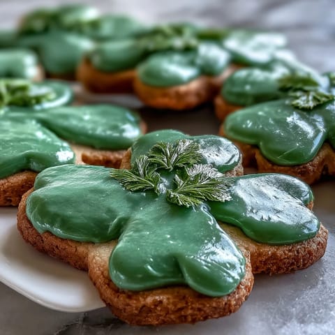 Festive St. Patricks Day shamrock sugar cookies decorated with glossy green royal icing for a lucky celebration.