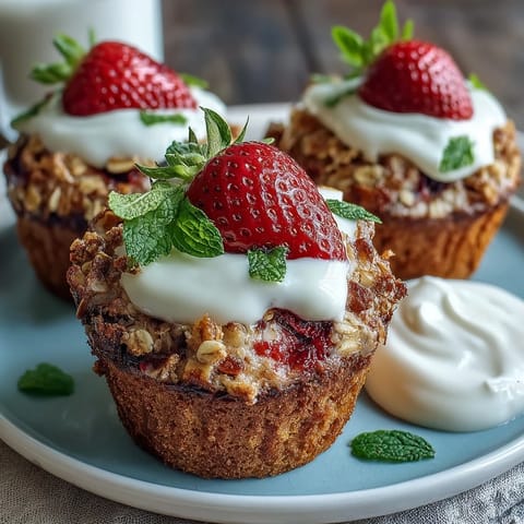 Moist, tender strawberry muffins with Greek yogurt and oats, perfect for a wholesome breakfast or snack.