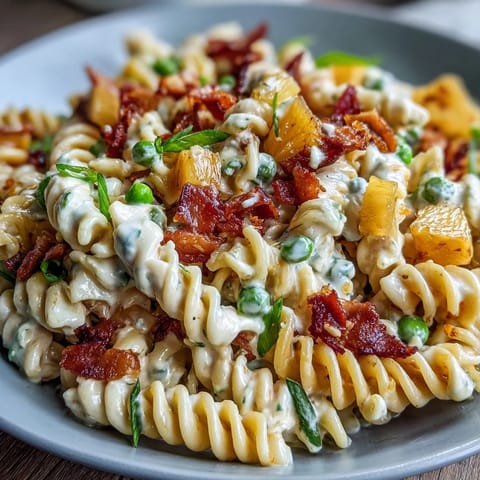 A colorful Hawaiian pasta salad with ham, pineapple, and ranch dressing in a white bowl, perfect for summer gatherings.