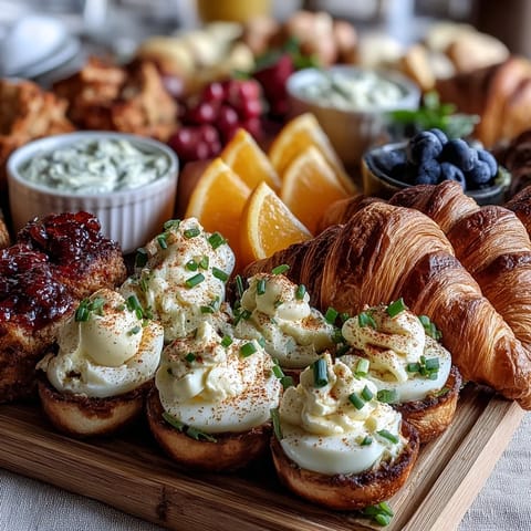 Easter brunch board with deviled eggs, fruit, and pastries arranged on a large platter with colorful garnishes.