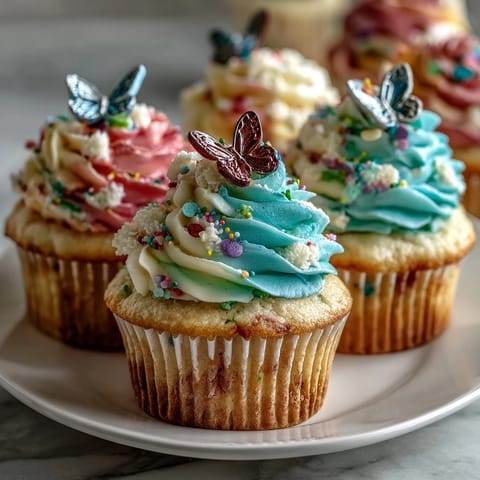 Beautiful spring cupcakes with pastel butterfly buttercream swirls and edible butterfly toppers for a whimsical dessert.