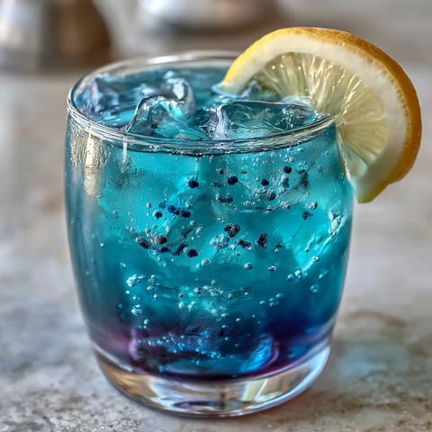 Butterfly Pea Flower Color-Change Lemonade in a glass with ice, transforming from vibrant blue to purple when lemon is added, a magical summer drink.