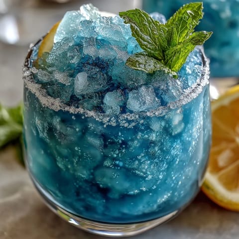 Tangy and sweet blue raspberry lemonade slushie served in a frosted glass with fresh raspberries on top.