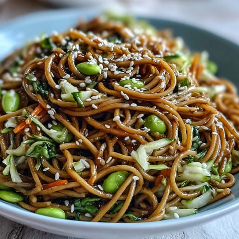 A colorful sesame ginger noodle bowl with cold soba noodles, crisp cabbage, and vibrant edamame in a zesty dressing.