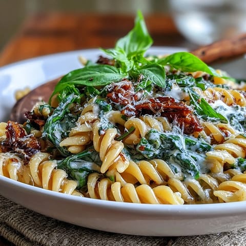 Creamy One-Pot Tuscan Pasta with spinach, sun-dried tomatoes, and Parmesan in a rich white wine sauce.